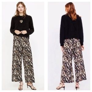 Zara Women's Brown Camo Palazzo Pants Casual Wide Leg Elastic Waist Medium